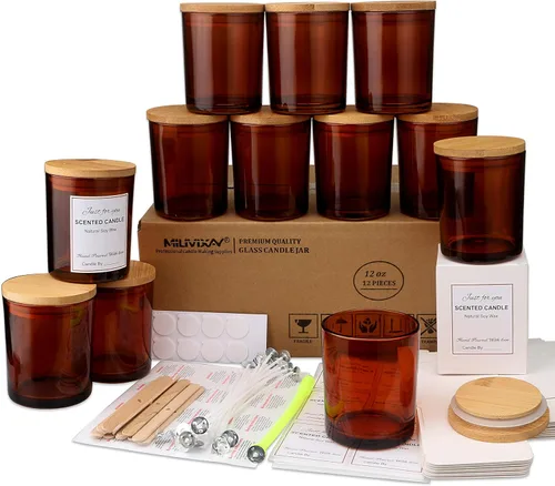 Vista 13 de MILIVIXAY Paquete de 12 tarros de vela de vidrio ámbar de 7 onzas con tapas y kits de fabricación de velas, tarros de velas vacíos a granel