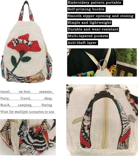 Vista 41 de HUANGGUOSHU Mochila de algodón tejida de algodón bohemio con bordado de lona estilo bohemio con múltiples bolsillos retro linda mochila cartera
