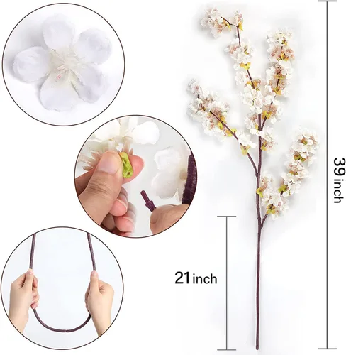 Vista 4 de Sunm Boutique 3 ramas de flor de cerezo de seda, flores artificiales de cerezo blanco, flor de cerezo blanco artificial, tallos de cerezo falsos