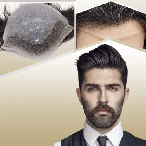 Vista 10 de Peluca de cabello humano europeo de repuesto para hombre, encaje suizo frontal, 0.003 in, piel fina, poliuretano, con bucle, 10 x 8 pulgadas