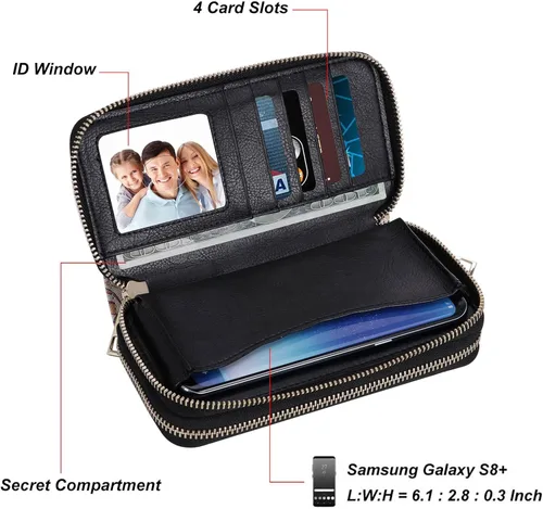 Vista 5 de Cartera de teléfono celular para mujer con doble cremallera y correa de muñeca extraíble