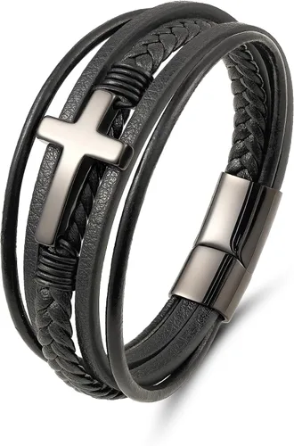 Vista 10 de Pulsera de cuero para hombre con cruz trenzada de varias capas con cierre de acero inoxidable, regalos religiosos cristianos para él