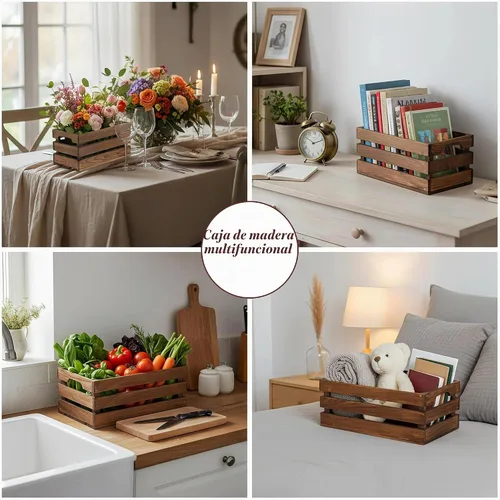 Vista 7 de Juego de 6 cajas decorativas de madera para exhibición, 6 tamaños, cestas de madera rústicas con asa para almacenamiento, contenedor, exhibición
