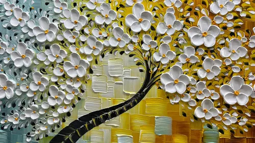 Vista 7 de YaSheng Art - Pintura al óleo de arte contemporánea hecha a mano de flores blancas en lienzo con textura 3D, pinturas de árbol abstractas