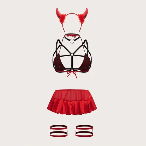 Vista 4 de Rojo Santa - Lencería de Navidad para mujer conjunto de lencería de dos piezas sexy de plumas para cosplay ropa