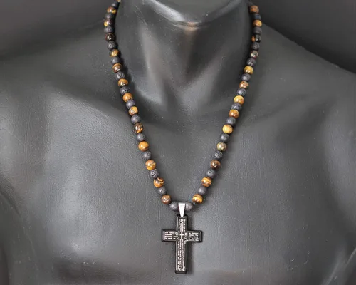 Vista 7 de Cross Necklace & Natural Tiger Eye Black Lava Gemstone Protection Beaded Long Macrame Adjustable Necklace Gift For Men's Christmas Gift
