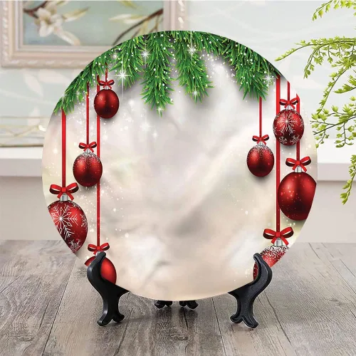 Vista 2 de Platos de cerámica, platos de cerámica decorativos de Navidad, cintas de bolas rojas, 8 pulgadas, platos decorativos para el hogar, multicolor