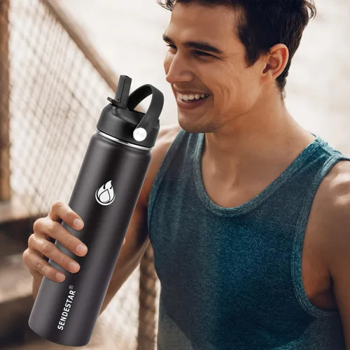 Vista 4 de SENDESTAR Botella de agua aislada de 24 onzas, boca ancha, botella de agua de 24 onzas con tapa con popote, tapa de boquilla, acero inoxidable