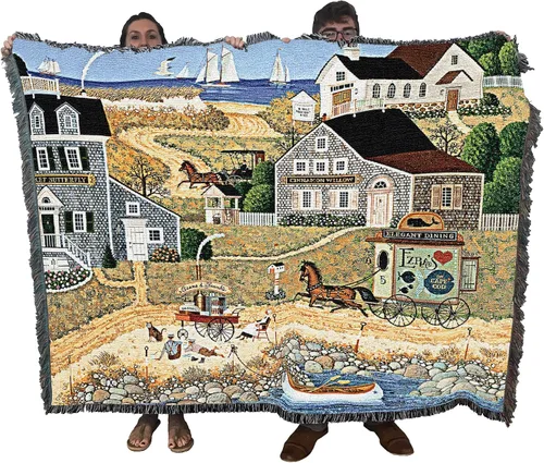 Vista 14 de Pure Country Weavers Manta de matrimonio Dockside por Charles Wysocki - Tapiz de regalo de playa costera de Estados Unidos temprano de América