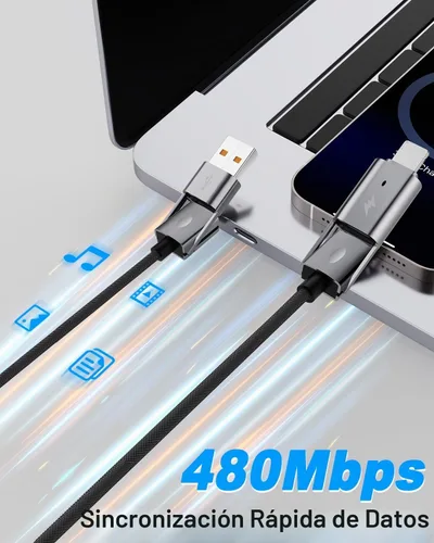 Vista 4 de Paquete de 2 cables USB C 4 en 1 de carga rápida PD 65 W 27 W con puerto tipo C/USB A/L, cable doble trenzado redondo USB-C de 3 pies para iPhone 16