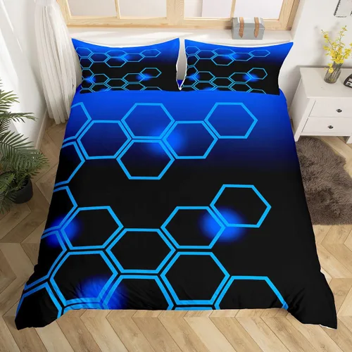 Vista 15 de Feelyou Juego de ropa de cama verde y negro tamaño individual para niños y adolescentes, juego de funda de edredón con temática hexagonal