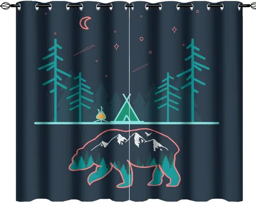 Vista 21 de Cortinas abstractas con estampado de cámper de caricaturas, divertido tema de aventura, campamento, montañas, vida silvestre, oso, tratamiento