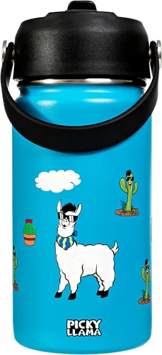 Vista 2 de Botella de agua de acero inoxidable aislada al vacío (Llama Kids Blue, 12 oz)