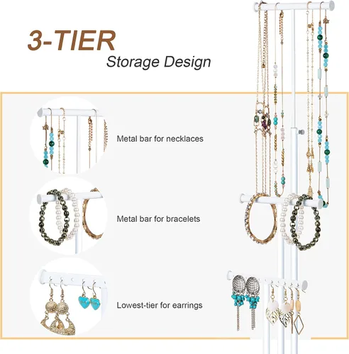 Vista 3 de Love-KANKEI Soporte para árbol de joyería, base de metal blanco y madera, organizador de joyas grande para collares, pulseras, aretes, organizador