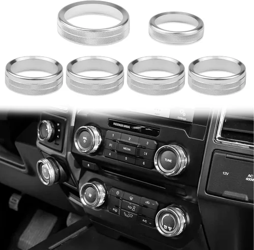 Vista 10 de Cubierta de aluminio para interruptor de aire acondicionado, perilla de consola central compatible con Ford F150 XLT, accesorios 2015-2019, 6 Negro