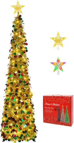 Vista 23 de Árbol de Navidad desplegable de 5 pies con estrella superior iluminada, azul aguamarina Aqua Blue
