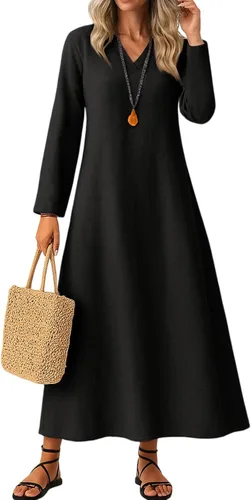 Vista 14 de Vestido de lino de algodón para mujer, de manga larga, holgado, ligero, básico, con cuello en V, vestido largo y modesto