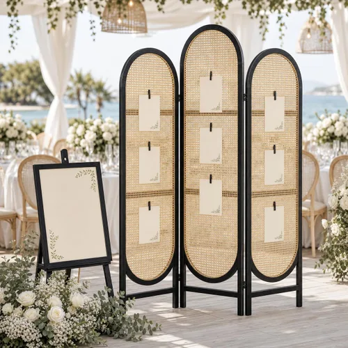 Vista 6 de 3 Panel Rattan Room Divider, Arched Room Divider Screen, Black