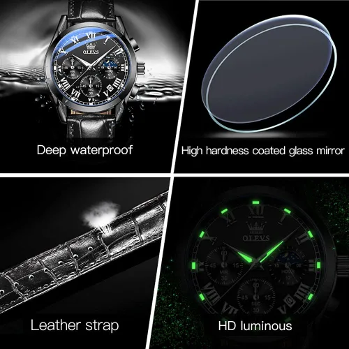 Vista 5 de OLEVS Reloj para hombres cronógrafo marrón cuero oro caso analógico cuarzo moda negocios vestido grande hombres reloj día fecha luminoso impermeable
