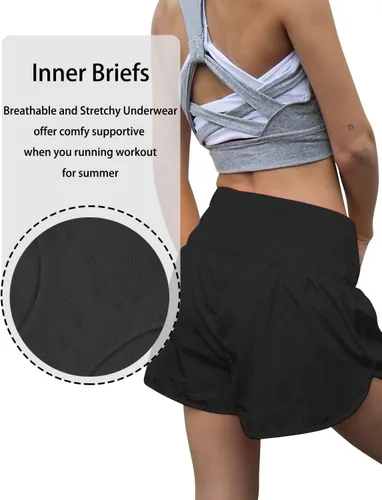 Vista 2 de AUTOMET Pantalones cortos deportivos de talle alto para mujer, pantalones cortos elásticos casuales de verano para correr, pantalones cortos