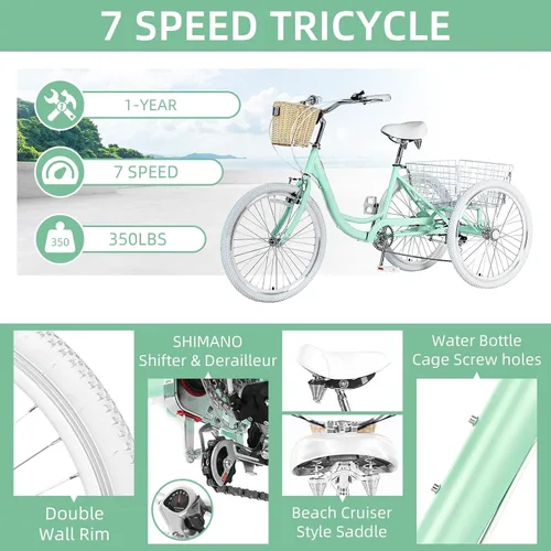 Vista 5 de Triciclos para adultos de 7 velocidades para adultos, bicicletas de 3 ruedas de 20/24/26 pulgadas con cesta delantera y trasera, triciclo