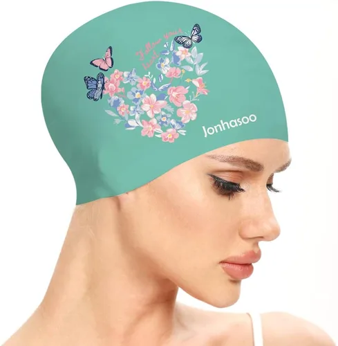Vista 11 de Gorro de natación para mujer, gorra de natación de silicona para cabello largo con estampado de flores