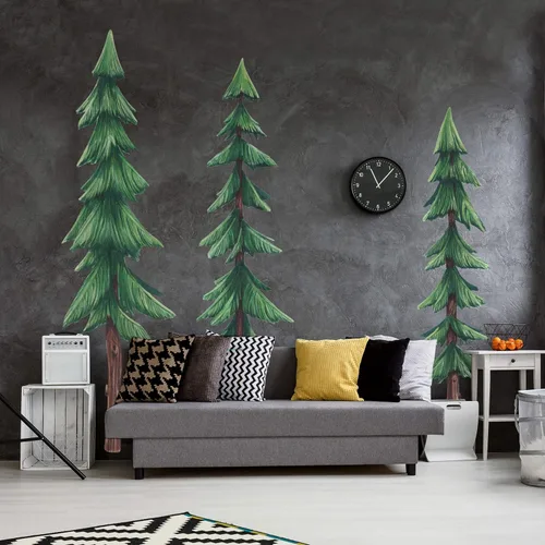 Vista 5 de Juego de tres calcomanías de pared de acuarela de pinos extra grandes, juego de calcomanías con temática de bosque Chromantics