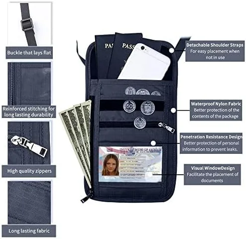 Vista 3 de Cartera de viaje, bolsa para el cuello con RFID impermeable multifuncional organizador de documentos, diseño de ventana visual, cartera de viaje