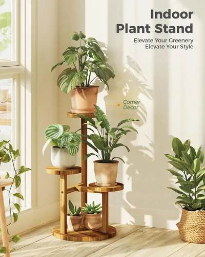 Vista 3 de Bamworld Soporte para plantas de 3 niveles para interiores, estante esquinero de madera para múltiples plantas, soporte redondo pequeño para flores