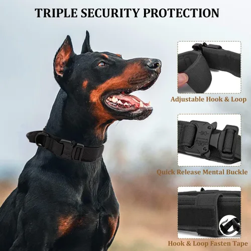 Vista 4 de Collar táctico para perro con asa, collar de entrenamiento militar ajustable para perros, nailon suave y hebilla de metal resistente para perros