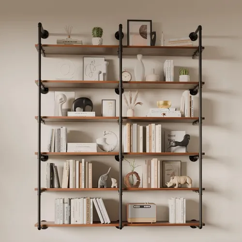 Vista 24 de Estante industrial de tubo de hierro de 5 niveles, estantería de tubo de 48 pulgadas con tablón de madera maciza, estantes abiertos para libros
