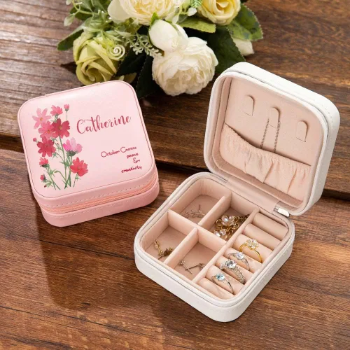 Vista 5 de Joyero de viaje de cuero personalizado para mujer, con nombre grabado y flor de nacimiento, funda personalizada, estuche organizador de joyas, caja