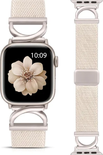Vista 8 de Minyee Correa magnética elástica compatible con Apple Watch Band de 38/40/41/42/44/45/46/1.929 in para mujer, correa de metal en forma de C