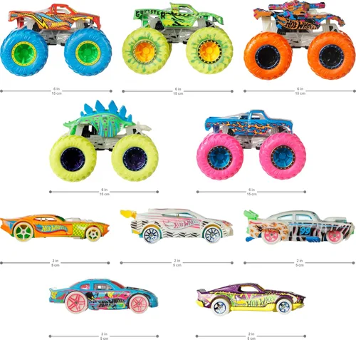 Vista 3 de Hot Wheels Toy Monster Trucks - Paquete de 10 vehículos a escala 1:64 que brillan en la oscuridad, juego de 5 camiones y 5 autos, vehículos de juego