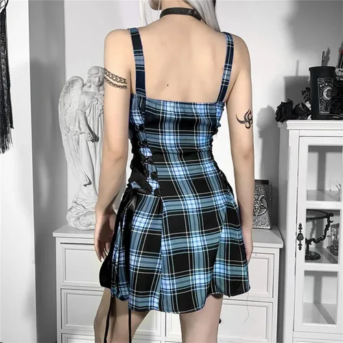Vista 5 de Mini vestido gótico a cuadros de hada grunge punk de cintura alta vestidos de una línea