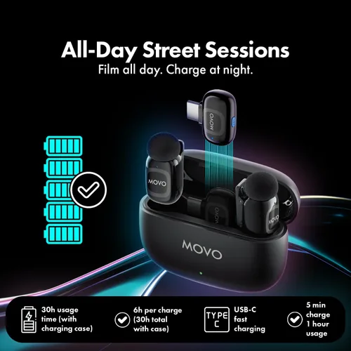 Vista 7 de Movo Kit de micrófono inalámbrico USB-C NanoMic con mango de entrevista, micrófono de entrevista de calle dual para iPhone 15/16/17+, Android y iPad