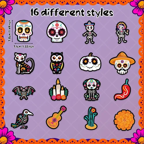 Vista 2 de BeYumi Calcomanías en rollo de calavera de azúcar, 1000 unidades, calcomanías del Día de los Muertos en 2 rollos Dia de Los Muertos Calavera