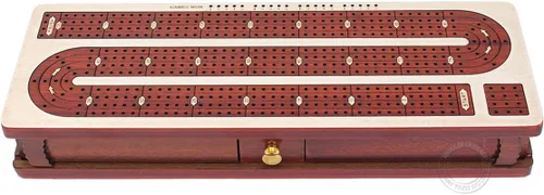 Vista 2 de House of Cribbage - Tabla de cuna continua con incrustaciones de madera de arce, madera de sangre, 4 pistas, espacio de almacenamiento separado