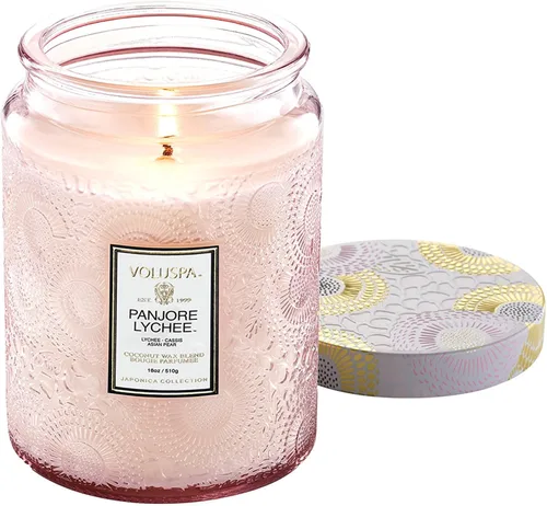 Vista 9 de Vela en frasco de vidrio grande de enebro francés y lavanda, 100 horas, 16 oz, Voluspa Coconut Wax Blend in Decorative Glass, Clean Even Burn, USA