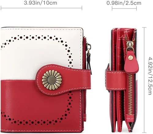 Vista 3 de SENDEFN Carteras pequeñas para mujer, con bloqueo RFID, de cuero, plegable, tarjetero con ventana de identificación, 5-rojo y blanco, Cartera