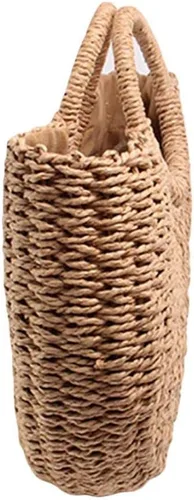 Vista 6 de Bolsa de paja para mujer bolsa de playa de paja de verano grande tejida redonda asa de mano Hobo Natural Rattan Travel Beige talla única