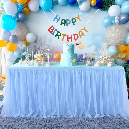 Vista 2 de Suppromo Pack de 2 faldas de mesa de tul azul de 6 pies para mesas rectangulares o redondas, mantel de tul azul para baby shower, cumpleaños