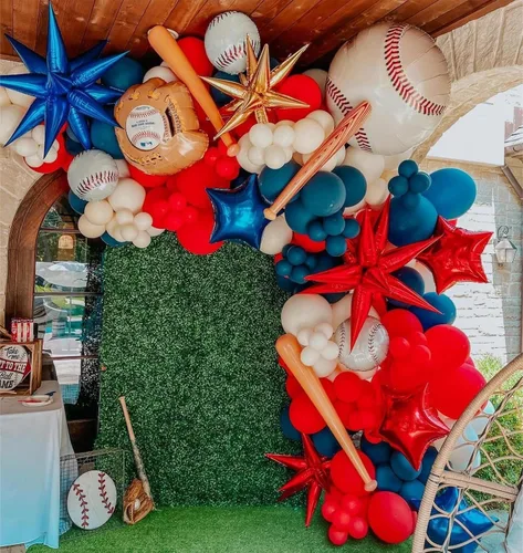 Vista 6 de Kit de guirnalda de arco de globos de béisbol, kit de guirnalda de arco de globos rojos, blancos y azules para fiestas deportivas, cumpleaños