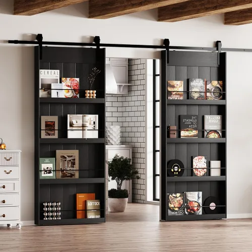 Vista 8 de BARNER HOME Puerta corrediza de granero de 30" x 84", puerta de granero estilo estante con kit de herrajes de 6 pies, hecha de MDF imprimado Negro