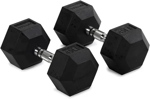 Vista 10 de Titan Fitness Pair Rubber Coated Hex Dumbbells, Roll-Resistant Hexagonal Free Weights, Chrome-Coated Handles with Knurling, Strength Training