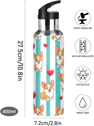 Vista 9 de Insulated Water Bottle 32 Oz, BPA-Free Sports Water Bottle with Straw for Gym Outdoor Travel School, Cute Dogs Aqua White