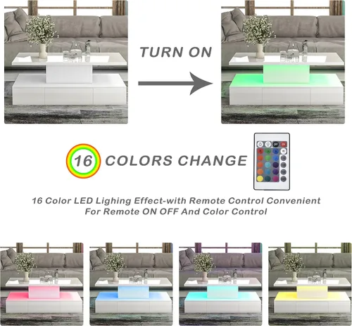 Vista 6 de LUMISOL Mesa de centro brillante con cajón de almacenamiento y luz LED, mesa central rectangular de 2 niveles, color blanco