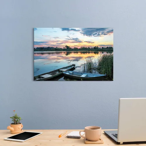 Vista 3 de Arte de Pared en Lienzo de Paisaje de Lago: Pintura Moderna Relajante del Horizonte al Atardecer, Impresión Simple y Natural de Barco y Juncos