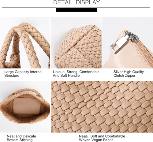 Vista 5 de Queenoris Bolso tejido para mujer, bolso de mano de cuero vegano grande para verano, playa, viaje, bolso y bolso retro hecho a mano