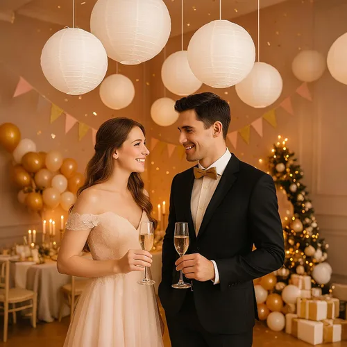 Vista 4 de 10 linternas de papel blanco chinas, japonesas, decorativas, redondas, colgantes, de 12 pulgadas, para San Valentín, aniversario, boda, graduación
